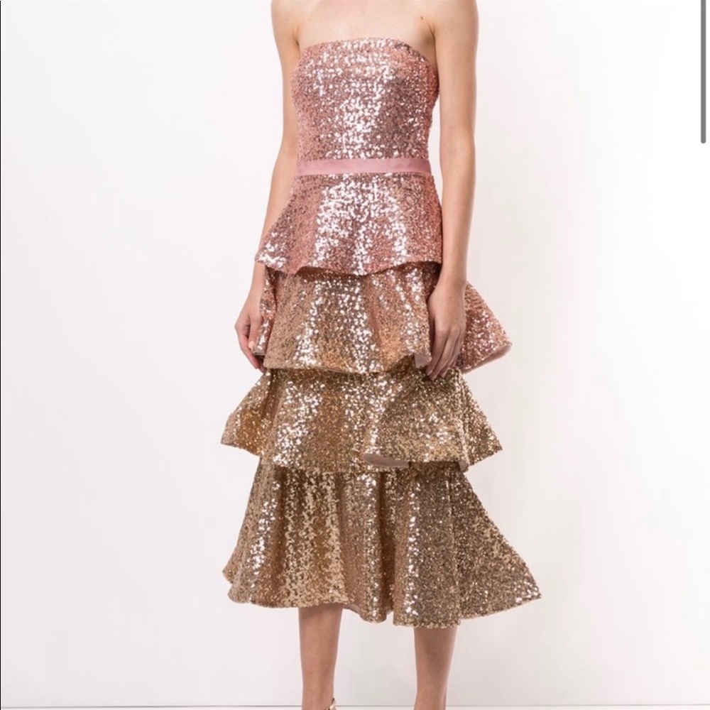 Marchesa gold sequin pink Tiered layered gown